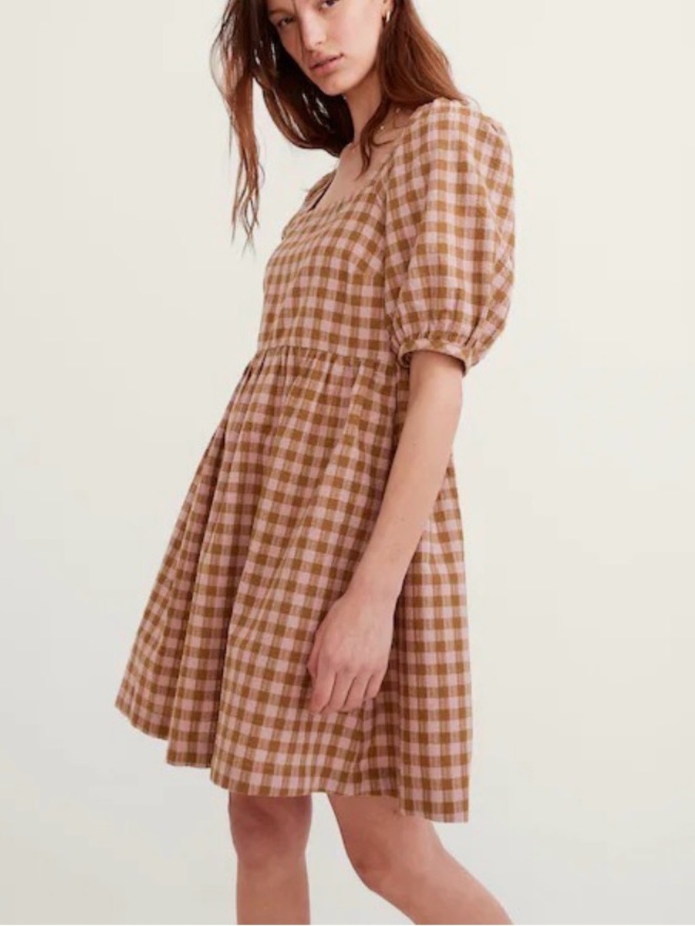 Madewell Gingham Puff-Sleeve Mini Dress in Brown Pink